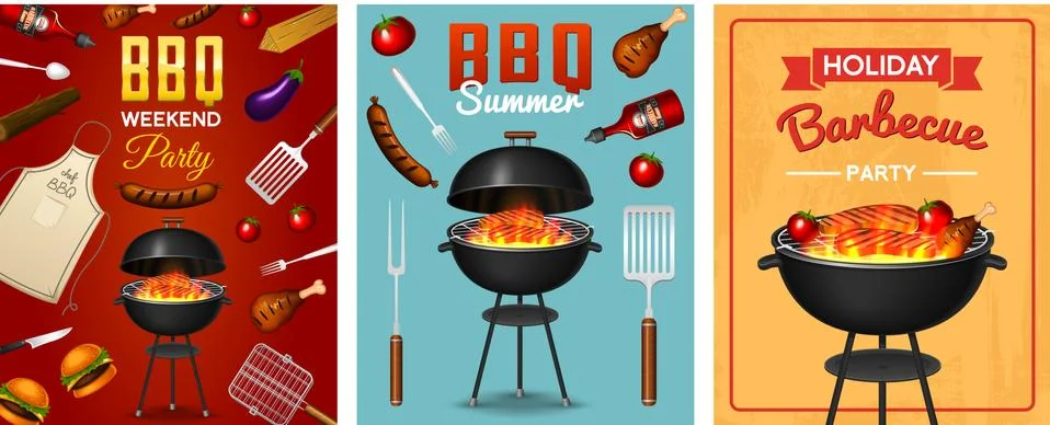 Barbecue grill elements set isolated on red background. BBQ party poster. Summer Ilustración de archivo