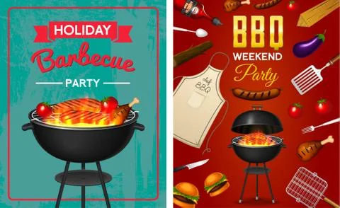 Barbecue grill elements set isolated on red background. BBQ party poster. Summer Stock Illustration