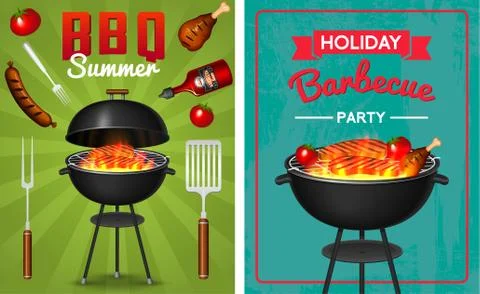 Barbecue grill elements set isolated on red background. BBQ party poster. Summer イラスト素材
