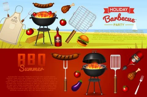 Barbecue grill elements set isolated on red background. BBQ party poster. Summer Ilustración de archivo