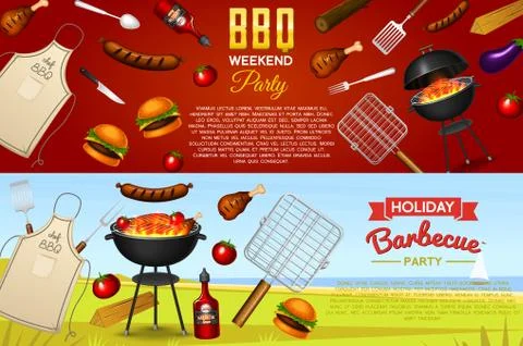 Barbecue grill elements set isolated on red background. BBQ party poster. Summer Stock Illustration