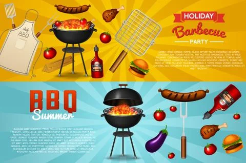 Barbecue grill elements set isolated on red background. BBQ party poster. Summer Stock Illustration