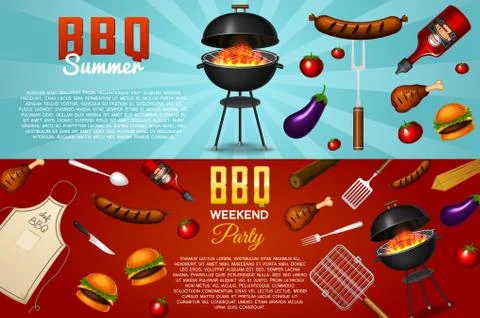 Barbecue grill elements set isolated on red background. BBQ party poster. Summer Ilustración de archivo