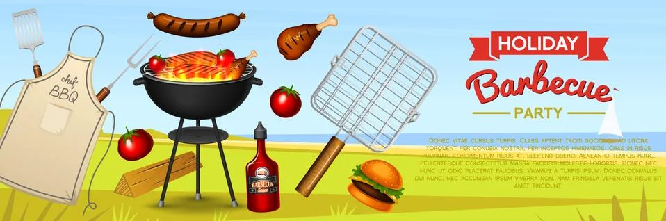 Barbecue grill elements set isolated on red background. BBQ party poster. Summer Stock Illustration