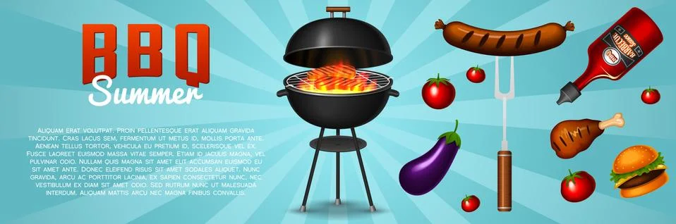Barbecue grill elements set isolated on red background. BBQ party poster. Summer Illustrazione stock