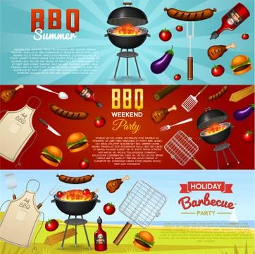 Barbecue grill elements set isolated on red background. BBQ party poster. Summer Ilustración de archivo