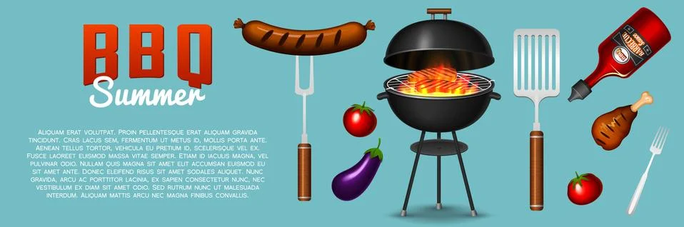 Barbecue grill elements set isolated on red background. BBQ party poster. Summer Ilustración de archivo