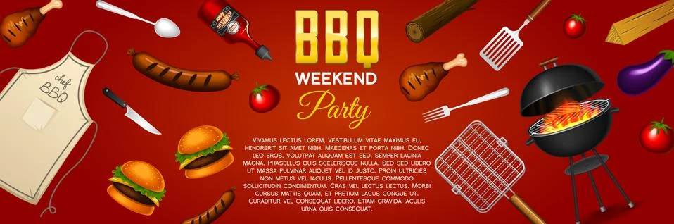 Barbecue grill elements set isolated on red background. BBQ party poster. Summer Ilustración de archivo