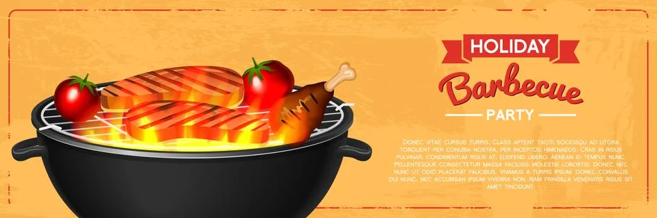Barbecue grill elements set isolated on red background. BBQ party poster. Summer Stock Illustration