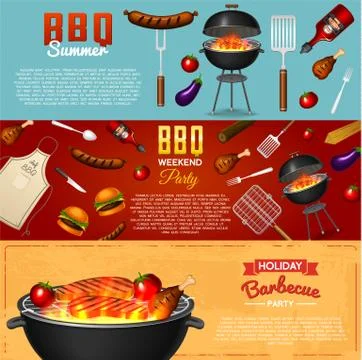 Barbecue grill elements set isolated on red background. BBQ party poster. Summer Ilustración de archivo