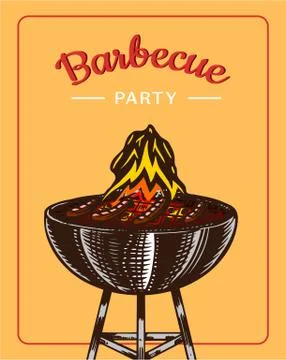 Barbecue grill elements set isolated on yellow background. BBQ party poster Ilustración de archivo