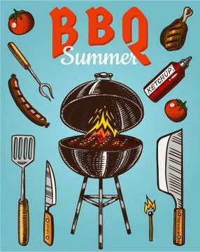 Barbecue grill elements set isolated on blue background. BBQ party poster Stock Illustration