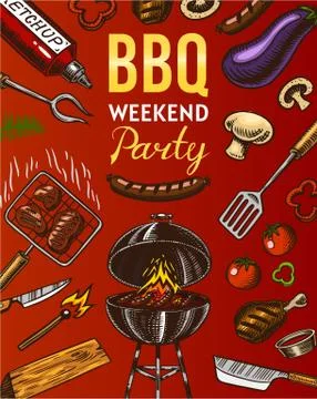 Barbecue grill elements set isolated on red background. BBQ party poster. Summer Stock Illustration