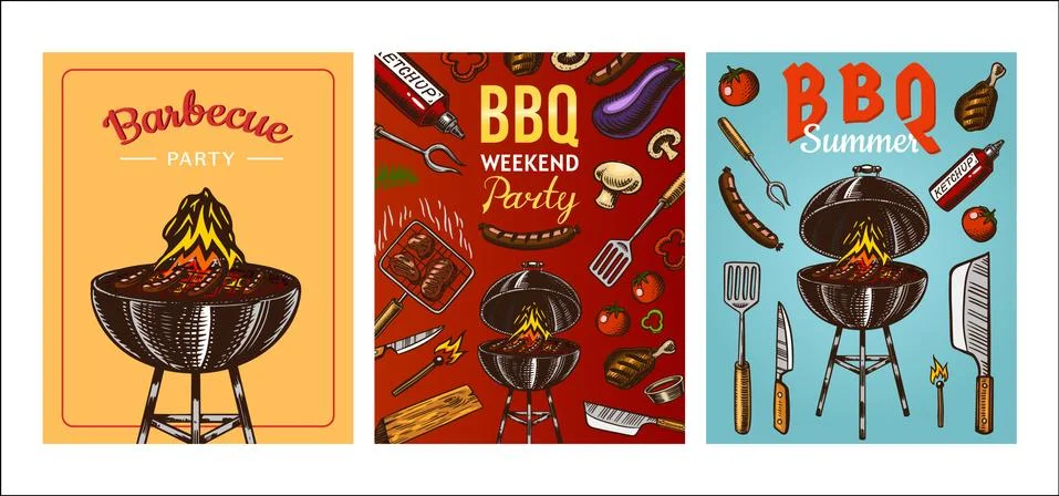 Barbecue grill elements set isolated on red background. BBQ party poster. Summer Ilustración de archivo