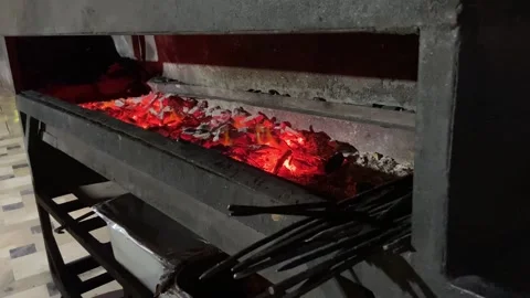 Barbecue Grill With Fire Flames. Empty Fire Grid On Black. Stock Footage 280920329