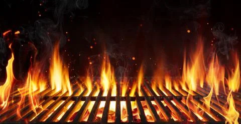 Barbecue Grill With Fire Flames - Empty Fire Grid On Black Background Stock Photos