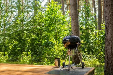 Barbecue grill in front of idyllic backyard. Outdoor party on the holiday cam Stock Photos