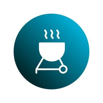 A barbecue grill icon with steam on a gradient blue circle offers invitation Stock Illustration