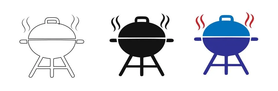 Barbecue Grill Icons in Outline Solid Black and Blue with Steam Stock Illustration