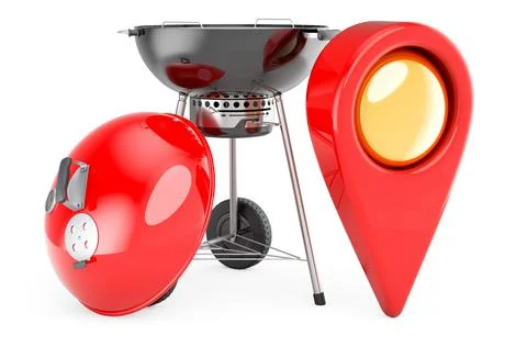 Barbecue grill with map pointer. 3D rendering Illustrazione stock