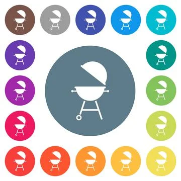 Barbecue grill with open cover flat white icons on round color backgrounds Illustrazione stock