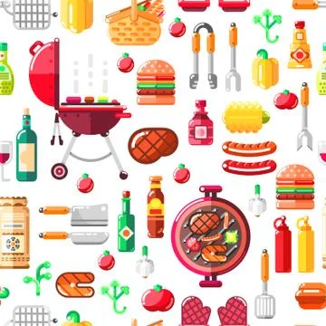 Barbecue grill seamless vector pattern. BBQ food, equipment and tools illustr Illustrazione stock