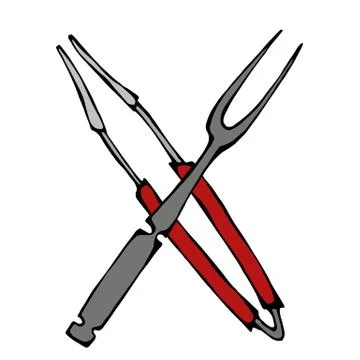 Barbecue Grill Tools Crossed Fork and Tongs. Isolated On a White Background Stock Illustration