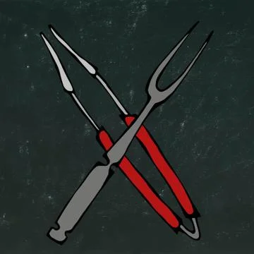 Barbecue Grill Tools Crossed Fork and Tongs. Isolated on a Black Chalkboard Stock Illustration