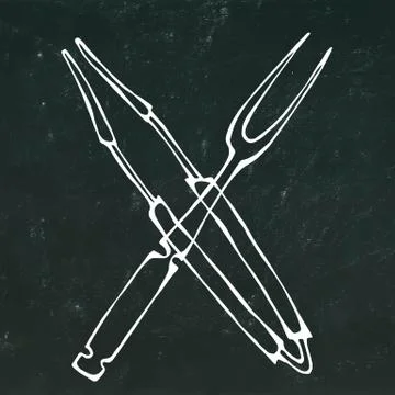 Barbecue Grill Tools Crossed Fork and Tongs. Isolated on a Black Chalkboard Stock Illustration