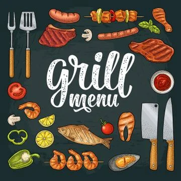 Barbecue grill top view charcoal, kebab, mushroom, tomato, fish, steak Stock Illustration
