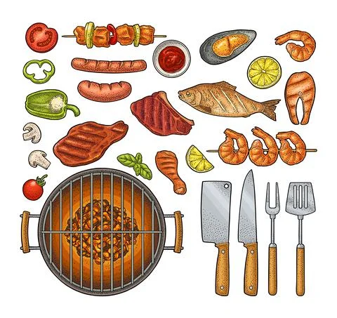 Barbecue grill top view charcoal, kebab, mushroom, tomato, fish, steak Stock Illustration