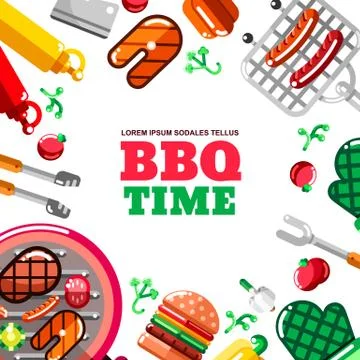 Barbecue grill vector frame with white background. BBQ food, equipment and to Stock Illustration