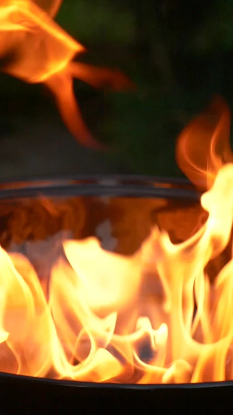 Barbecue grill, vertical slow motion burning fire flame, bbq picnic in backyard Stock Footage 266098037