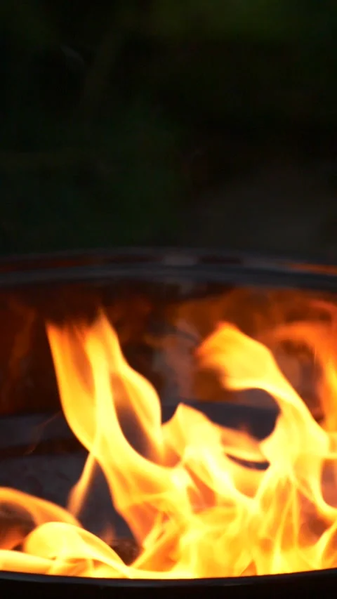 Barbecue grill, vertical slow motion burning fire flame, bbq picnic in backyard Stock Footage 266972106