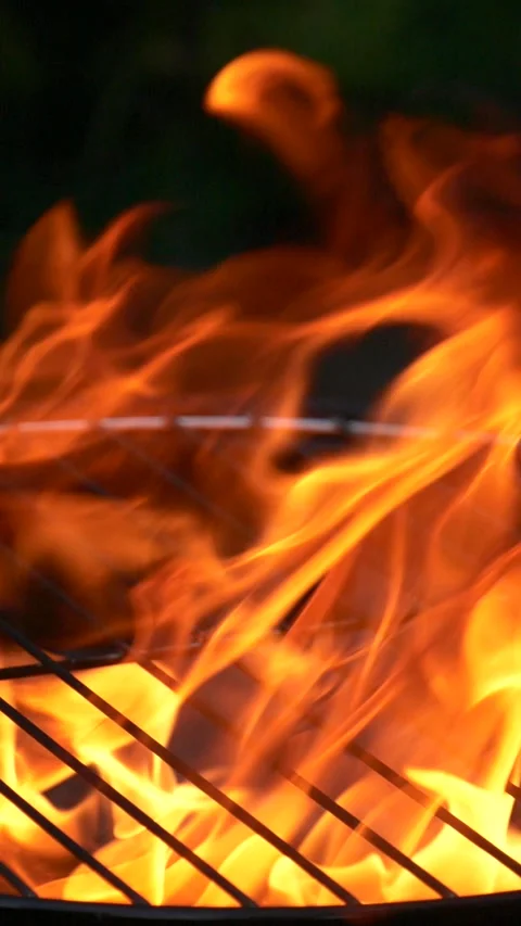 Barbecue grill, vertical slow motion burning fire flame, bbq picnic in backyard Stock Footage 267658157
