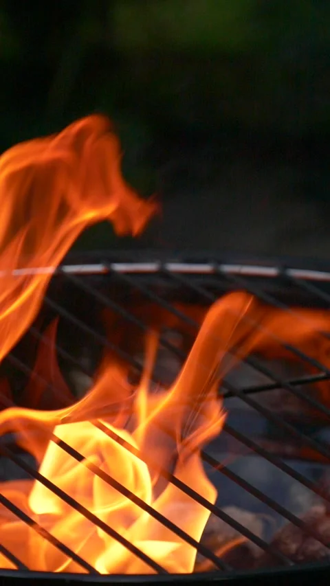 Barbecue grill, vertical slow motion burning fire flame, bbq picnic in backyard Stock Footage 268788859