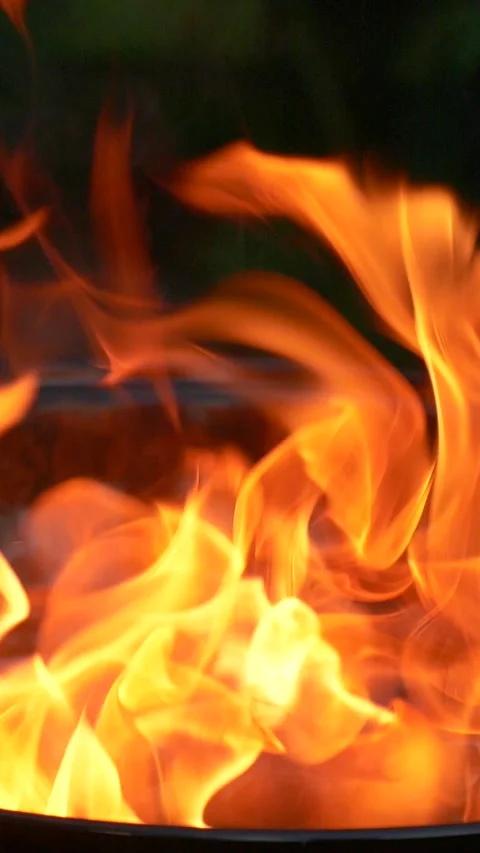 Barbecue grill, vertical slow motion burning fire flame, bbq picnic in backyard Stock Footage 269119170