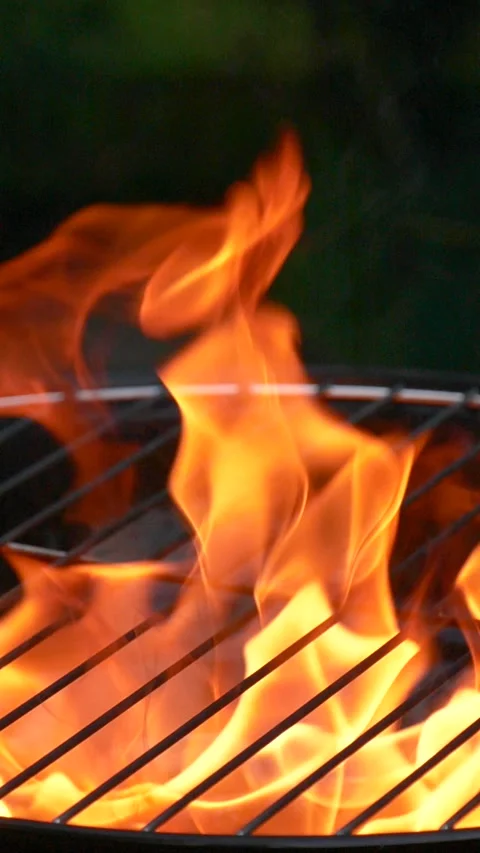 Barbecue grill, vertical slow motion burning fire flame, bbq picnic in backyard Video stock 269877846
