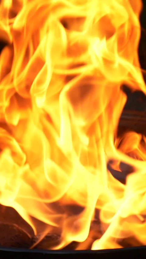 Barbecue grill, vertical slow motion burning fire flame, bbq picnic in backyard Stock Footage 270123791