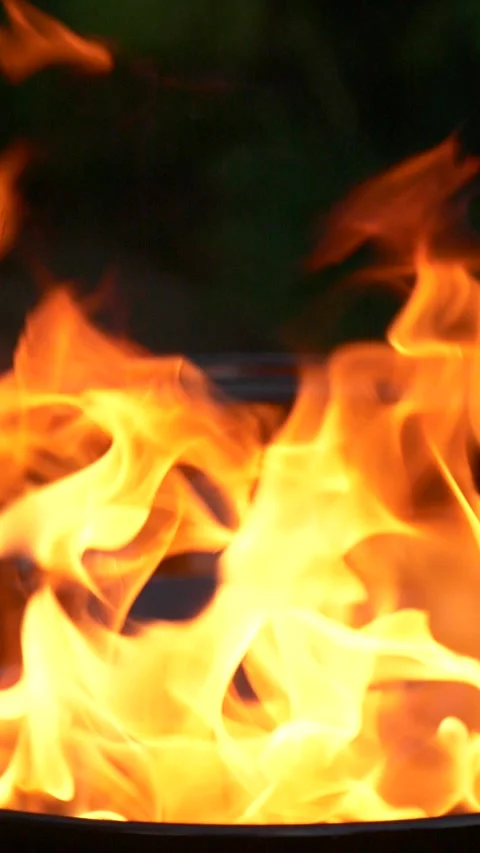 Barbecue grill, vertical slow motion burning fire flame, bbq picnic in backyard Stock Footage 276821210