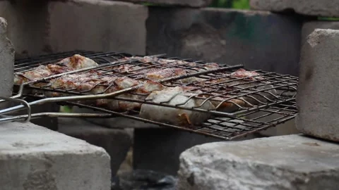 Barbecue grilled on a rack in a hearth of bricks, fat drips into the hearth Stock Footage 133250551