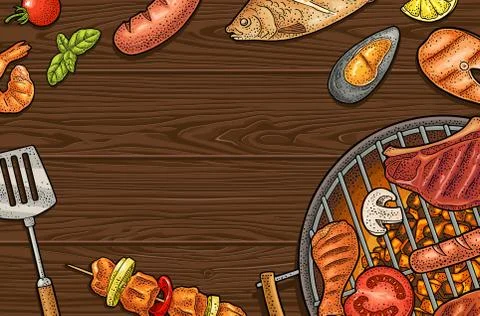 Barbecue horizontal poster. Color vector vintage engraving illustration イラスト素材