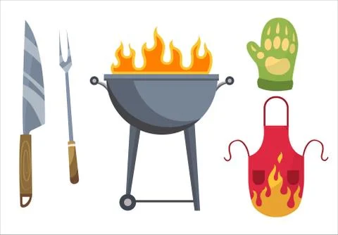 Barbecue icons. Set of elements for grilling. BBQ grill place, gloves, fork Stock Illustration