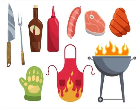 Barbecue icons. Set of elements for grilling. BBQ grill meat, vine , gloves 스톡 일러스트