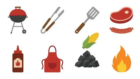 Barbecue icons set featuring grill tools and summer food items in flat desi.. Stock Illustration