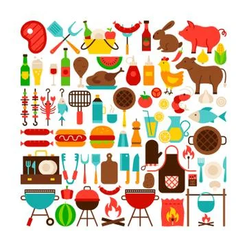 Barbecue Isolated Objects Big Set Stock Illustration