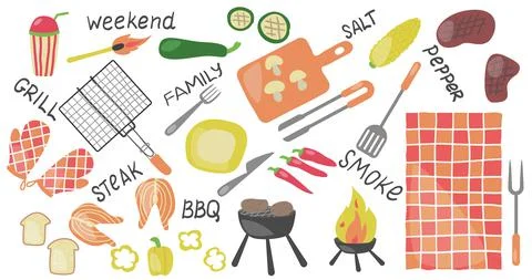 Barbecue items set isolated vector flat illustration. Stock Illustration