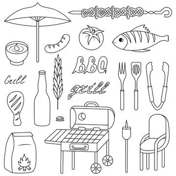 Barbecue items. Sketch. Picnic rest vector illustration collection. Stock Illustration