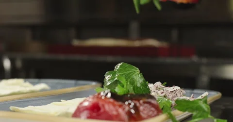 Barbecue kebab side dish. Chef serves plate with grilled vegetables. Male hands Stock Footage 275654035