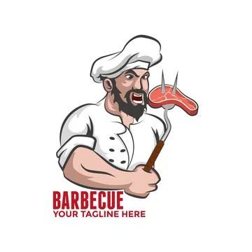 Barbecue logo. Chef with meat on a fork. Stock Illustration